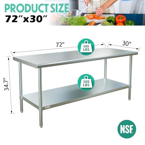Image of STABLEINK NSF Stainless Steel Prep Table 72x30 Inches 6ft, Metal Work Table with Adjustable Undershelf, for Commercial Kitchen, Restaurant, Hotel, Laundry Room and Garage