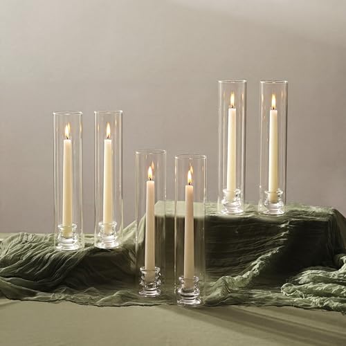 NUPTIO Bougeoirs en Verre Lot de 6 Bougeoirs Transparents de 30cm de Haut - Support de Bougies Coniques avec Couvercle Cylindrique Résistant au Vent pour la...