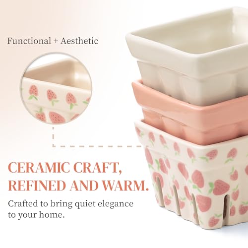 Ceramic Berry Basket, Farmhouse Colander, Strawberry Decor, Fruit Bowls, Fruit Baskets, Kawaii Strawberry Kitchen bowl, Pink White and Cute Strawberry pattern Stoneware Harvest Square Bowls Set of 4