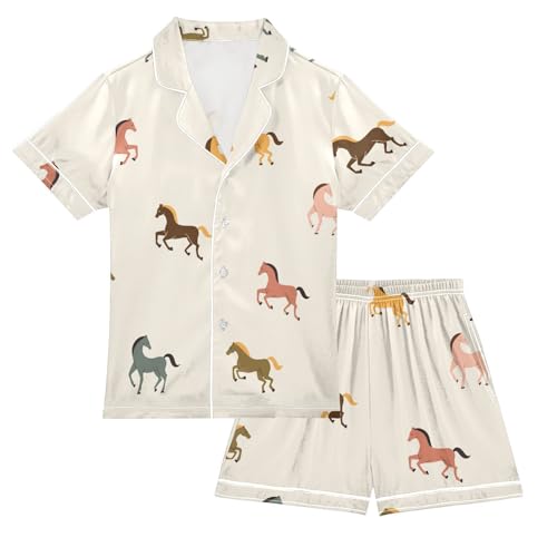 Satin Pajama Sets Short Sleeve Cute Horses Seamless Pattern Button Down Silky Nightwear 2 Piece PJS 5-14Y