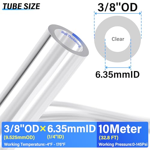 Image of TAILONZ PNEUMATIC Clear 3 /8 Inch OD 10 Meter 32.8ft PU Polyurethane Air Tubing Kit Pipe Hose Air Line Tubing Air Hose Fittings Push to Connect Fittings(27PCS)