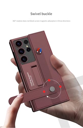 Image of Midkart Leather Flip Cover Compatible with Samsung Galaxy S25 Ultra with Card Holder Built-in Kickstand Magnetic Belt Lock Inner Hard PC with Full Body and Camera Protection, Burgundy