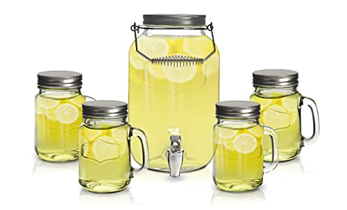 Eternal Living Mason Jar Glass Beverage Dispenser with Jar Mugs and Lids, 5 pcs Set