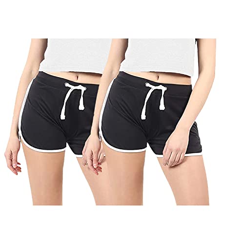 Image of Hangout Hub Women's Cotton Shorts | Boxer Half Pant with Sporty Stripe | Elastic Waist | Hypoallergenic Breathable Fabric | Sweat Absorbent Material | Gym Exercise Yoga Lounge Run Wear (Multi Color)