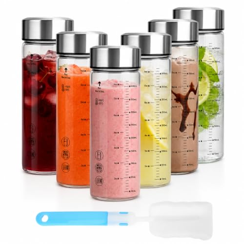 Luxfuel 16 oz Glass Juice Bottles with Lids, 6 Pack Wide Mouth Borosilicate Glass Bottles with Stainless Steel Lids, Heat-Resistant, Leakproof & Reusable for Juicing, Smoothies, Milk, Water,
