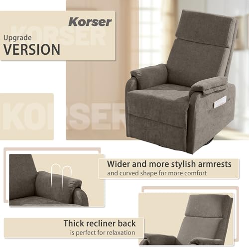 Image of Korser Recliner Chair, Swivel Rocking Recliner Chair for Adults, Glider Rocking Chair, Small Nursery Chair Recliner for Living Room, Reclining Chair with Modern-Designed Armrests, Chenille, Brown