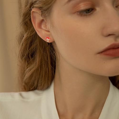 Hanreshe Mushroom Screw Back Earrings for Girls Gold Hypoallergenic Mushroom Crystal Stud Earrings3