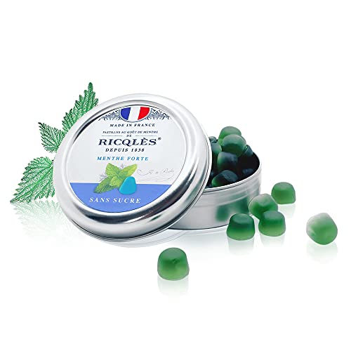 Ricqlès -PASTILLES MENTHE SANS SUCRES- Haleine Fraîche, Mal des transports-Goût menthe poivrée -NOUVELLE FORMULE-Boîte en métal de 45g