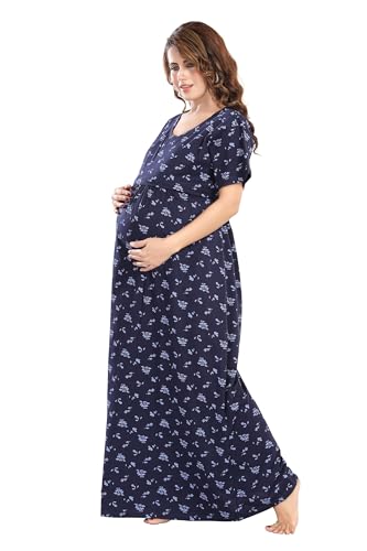 Image of Fabme Women's Full Length Printed Pre and Post Pregnancy Pure Cotton Nursing Nightdress Nighty