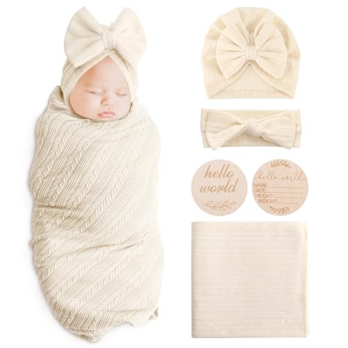 Image of AQOKKA Newborn Receiving Blanket with Bow Hat Headband Wooden Card Set Wheat-Pattern Newborns Toddler Baby Boy Girl Nursery Swaddle Wrap