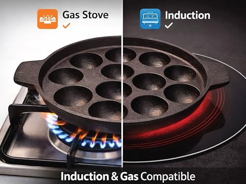 Image of Pre-Seasoned Cast Iron Paniyaram Pan 12 Cavity | Induction, Gas & Electric Stove Compatible Appe Pan | Appam Patra, Paniyarakkal, Gunta Ponganalu, Paddu Pan | Durable Cast Iron Cookware