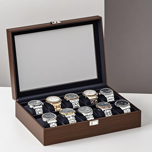 GDELINGZH Walnut Wood Watch Box Watch Storage with Glass Top & Velvet Lining for Watch Lovers Classic Style