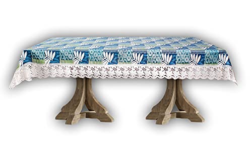 Image of The Furnishing Tree Waterproof PVC Rectangle Shaped Center Table Cover WxL 40x60 inches Surface Pattern Blue with White Border lace