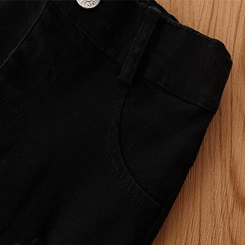 Calça jeans infantil para crianças de 1 a 6 anos, calça jeans flare jeans rasgado com babados, Preto