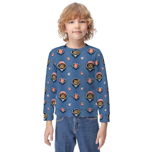 MZERSE Crew Neck Pullover for Kids, Cute Cat Patterns Printed,