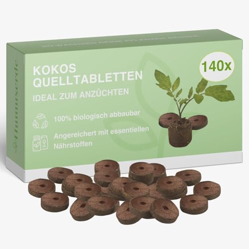 Pastillas de origen de coco con nutrientes I Pastillas de origen sin turba 140 unidades I Tierra de coco prensada para cultivo de plantas I Pastillas de cultivo para siembra de verduras, flores y