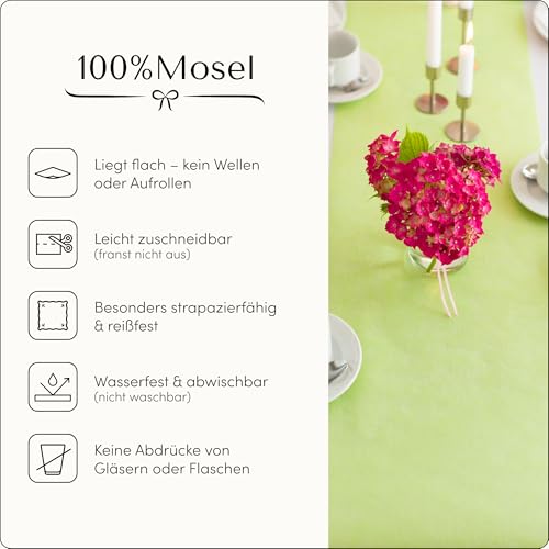 100%Mosel Vlies Tischläufer, in Pastell Grün (30 cm x 25 m), dekoratives Tischband, edle Tischdeko für Geburtstage & Hochzeiten, Bunte Dekoration zu besonderen Anlässen