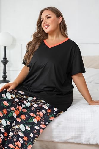 Image of Vozanet Women's Pajama Sets Short Sleeve with Long Pant Soft Sleepwear Printed pj Loungewear With TWO Pockets Size 1X to 5X