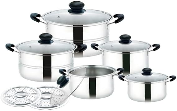 12-Piece Cookware Set, made of 304 stainless steel, includes 5 pots and 2 steaming trays a healthy cooking set