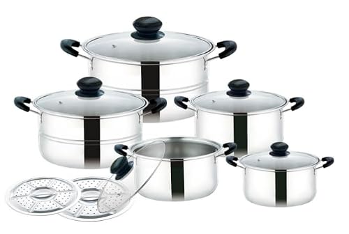 Image of Wodillo 12-Piece Cookware Set, made of 304 stainless steel, includes 5 pots and 2 steaming trays a healthy cooking set