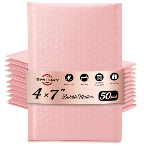 Switory 50Pcs Poly Bubble Mailers, 10.2x17.7cm Padded Envelopes Bubble Lined Wrap Polymailer Bags for Shipping Packaging Mailing Self Seal, Pale Pink (Outside Size: 10.2x22.3cm)
