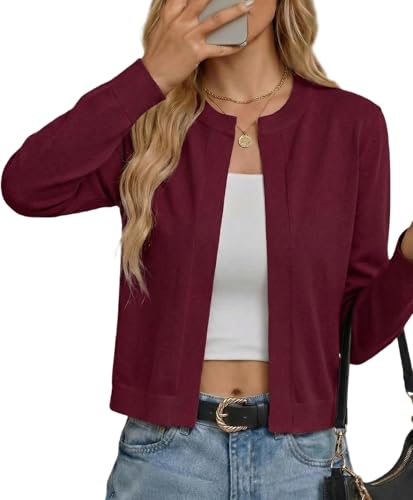GRECERELLE Lightweight Summer Cardigans for Women Casual Open Front Knit Cropped Shrug Sweaters Red, L