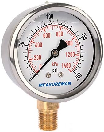 Measureman 2-1/2" Dial Size, Glycerin Filled Pressure Gauge, 0-100psi/kpa, 304 Stainless Steel Case, 1/4"NPT Lower Mount