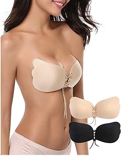 Hi Angel Invisible Adhesive Bra Strapless Push-up with Drawstring Silicone Bras Pakc of 2 (Black and Beige, C)