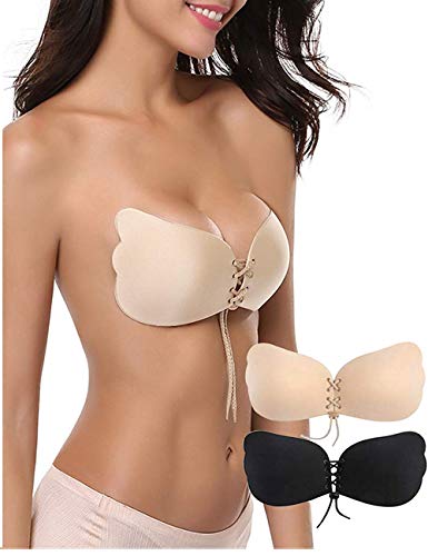 Hi Angel Invisible Adhesive Bra Strapless Push-Up With Drawstring Silicone Bras Pakc Of 2 (Black And Beige, C) #TOP1