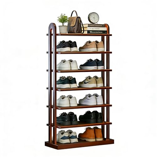 Image of 7-Tier Solid Wood Shoe Rack, Tall Narrow with Removable Shelves, Space Saving Shoe Organizer for Entryway Closet Corner Doorway, Walnut