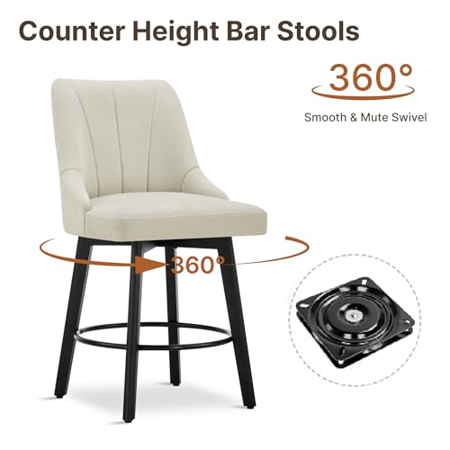 24" Counter Height Bar Stools Set of 2, Swivel Bar Stools with Backs, Fabric Upholstered Counter Barstools with Solid Wood Legs for Kitchen Island,Sand by KISLOT - Used condition - Image 2