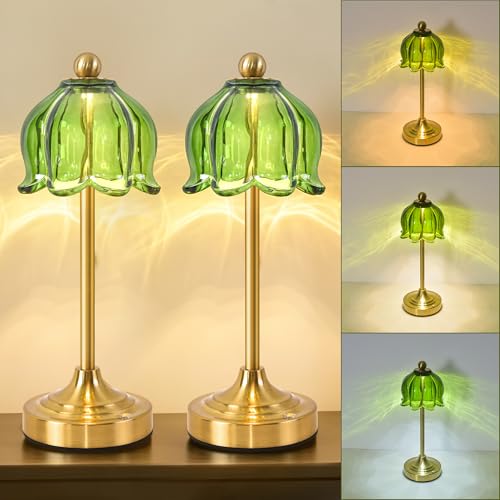 PANXVIGIL Set of 2 Vintage Cordless Green Glass Tulip Table Lamps, Accent Light