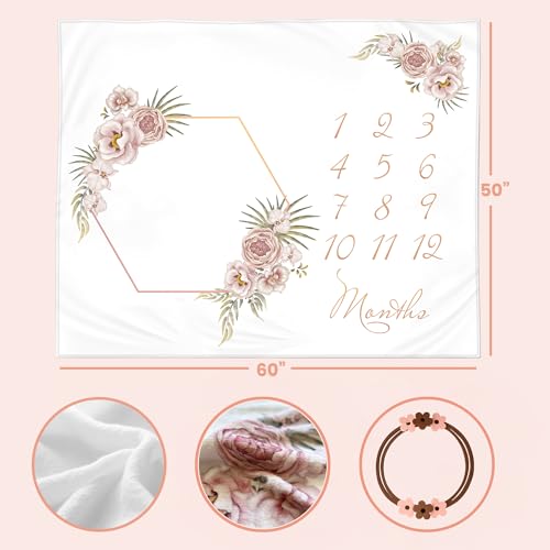 Image of Monthly Baby Milestone Blanket 60 inchx50 inch - Elegant Boho Floral Design with Felt Frame - Track Your Baby's Monthly Growth - Perfect Gender Neutral Gift for New Parents - Personalized Baby Blanket