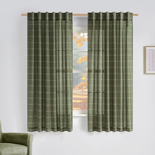 NICETOWN Linen Plaid Curtains Modern Window Panels Moss Green Check Tartan Light Filtering Curtains for Living Room Bedroom, Rod Pocket Back Tab, 2 Pa