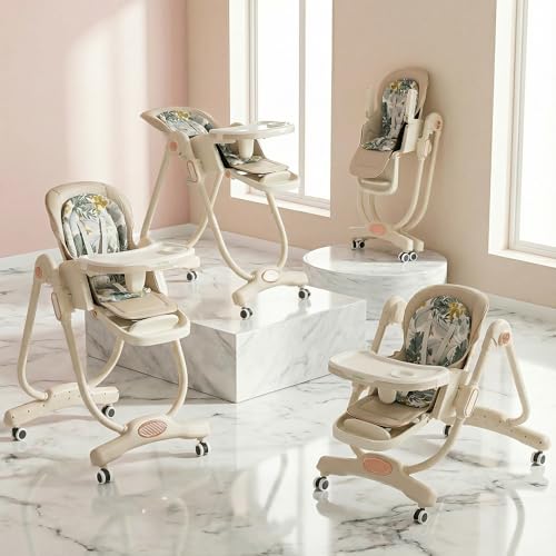 Image of Baybee 3-in-1 Baby High Chair with 4-Level Height Adjustment, Dining, Lounge & Recline Modes, 120-160 Backrest, Adjustable Footrest, One-Click Folding, Detachable Food & Toy Tray, 5-Point Harness & 360 Castor Wheels | Feeding Chair for 6 Months to 5 Years (Beige)