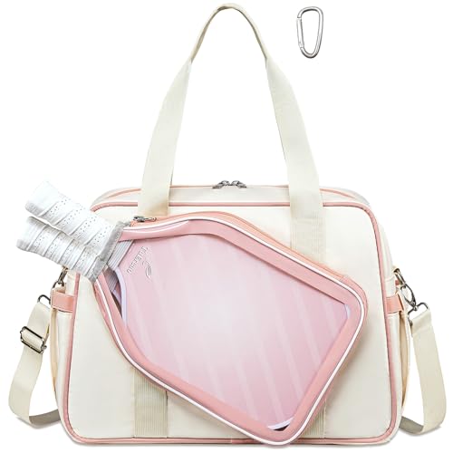 TuErCao Beige,Pink Pickleball Bag Tote for Women Gifts for Pickle Ball Paddle Lovers for Men Sling With Hook Accessories for Indoor Outdoor