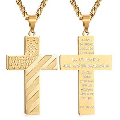 DuoDiner Gold Cross Necklace for Boys Men Pendant Chain Stainless Steel American Flag Joshua 1:9 Bible Verse Be Strong and Courageous Religious Jewelry Gift