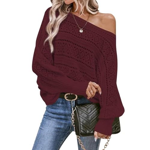 Cakulo Womens Off Shoulder Sweater Top Fall Outfits Fashion 2025 Oversized Knit Batwing Long Sleeve Crochet Pullover Sweaters Large Wine Red