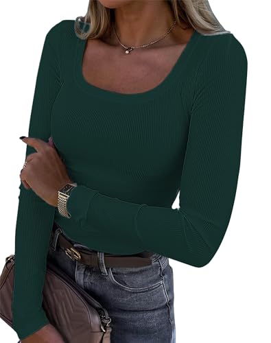 Damen Langarmshirt U-Ausschnitt Slim Fit Rippstrick Oberteil - Langarm...