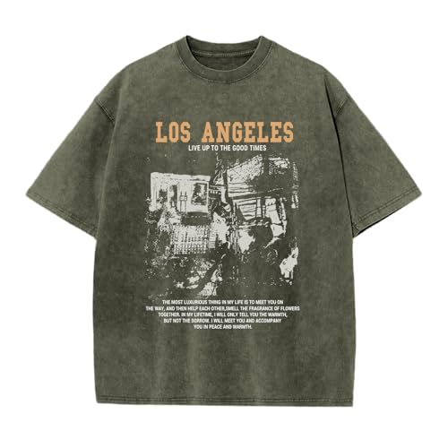 Image of Oversized Boys Graphic Tees Acid Wash Los Angeles Tshirt Youth Cotton T Shirt Crewneck Tee Kids Short Sleeve Tops