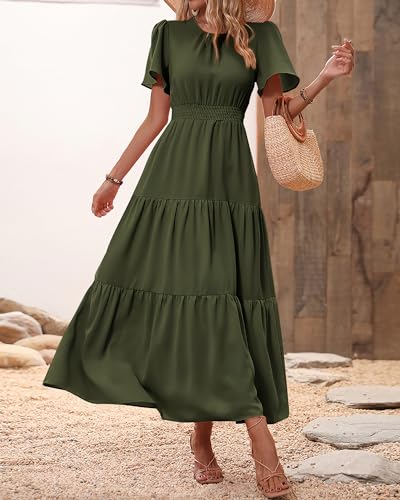 Image of PRETTYGARDEN Women's Casual Smocked Boho Floral A-Line Maxi Dress 2026 | Summer Short Flutter Sleeve Crewneck Tiered Long Sundress,Fall Wedding Guest Dresses,Spring Cute Flowy Beach Vacation Clothes