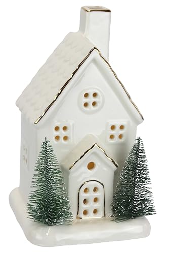 LED Porzellan Weihnachtshaus batteriebetrieben weiß Gold 20cm...