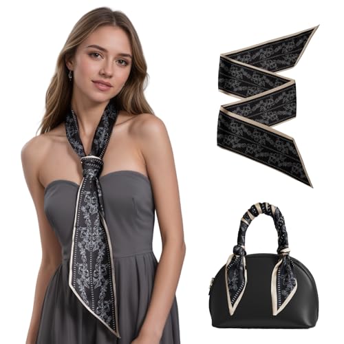 Seawhisper Black Silk Satin Hair Head Neck Purse Scarf for Handbags Bag Handle Scarves Women Floral Fashion Accessories Lightweight Accessories