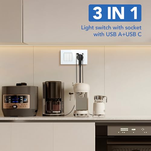 BSEED Lichtschalter mit Steckdose 3 Fach 2 Wege,Wandschalter mit 16A Schuko Steckdose mit USB Anschluss (Max. 2.1A) Typ C Port Weiß,Physische Unterputz Wechselschalter mit Steckdose- 157mm
