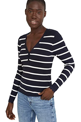 C&A Damen Pullover V-Ausschnitt Nylon|Viskose Streifen dunkelblau/weiß M