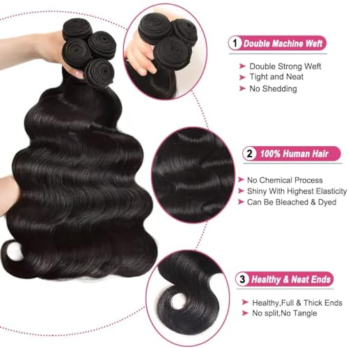 Siikap Body Wave Bundles With Closure Human Hair 16 18 20+14 Inch Human Hair Bundles With Closure 100% Brazilian Virgin Body Wave 3 Bundles Human Hair With 4X4 Lace Closure Natural Black thumb #2
