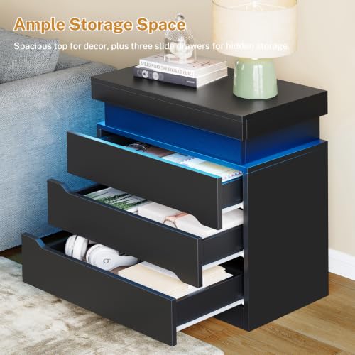 Image of Nightstands Set of 2, Night Stand with 3 Drawers, Nightstand with App-Controlled Adjustable LED Light, Bedside Table with Slidable Hidden Storage Space, Modern Nightstands for Bedroom, Black