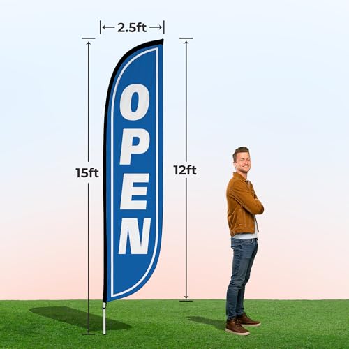 Image of LookOurWay Feather Flag Pole Kit - 12 Feet Tall Advertising Flag Banner with Fiberglass Pole Kit and Ground Spike for Business Promotion - Grand Opening Flags - Open Blue & White (10M1200105)
