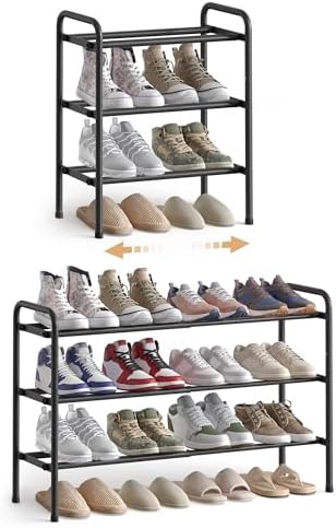 SONGMICS Expandable Shoe Rack, 3-Tier Metal Shoe Shelf Storage, Adjustable Shoe Organiser, Free Standing Shoe Racks for Hallway, Closet, Doorway, Easy Assembly, Ink Black LMR039B01