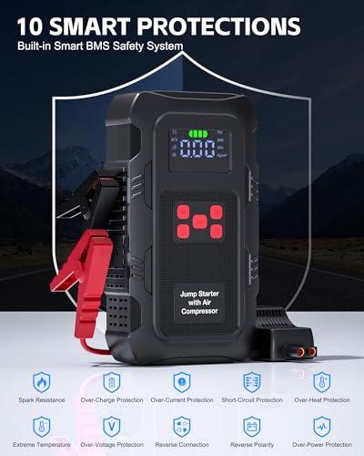 Booster batterie voiture 12V puissant avec compresseur d'air rouge - 4